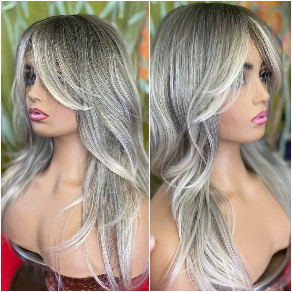 grey blonde  long layered wig curtain bangs